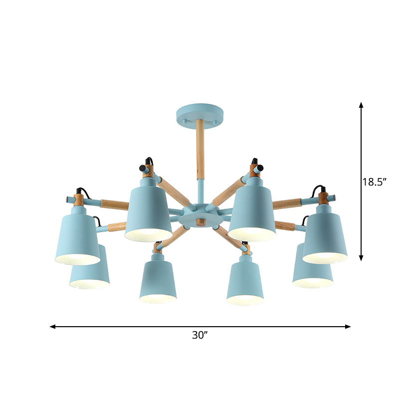 8 Bulbs Living Room Chandelier Macaron Wood Pendant Light with Tapered Metal Shade Blue Clearhalo 'Ceiling Lights' 'Chandeliers' Lighting' options 2294312_54978dea-56b0-46ef-a608-086ac94a06b8