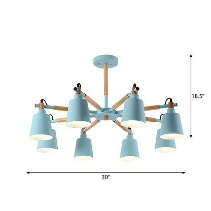 8 Bulbs Living Room Chandelier Macaron Wood Pendant Light with Tapered Metal Shade Blue Clearhalo 'Ceiling Lights' 'Chandeliers' Lighting' options 2294312_54978dea-56b0-46ef-a608-086ac94a06b8