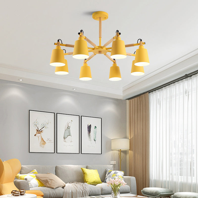8 Bulbs Living Room Chandelier Macaron Wood Pendant Light with Tapered Metal Shade Clearhalo 'Ceiling Lights' 'Chandeliers' Lighting' options 2294314