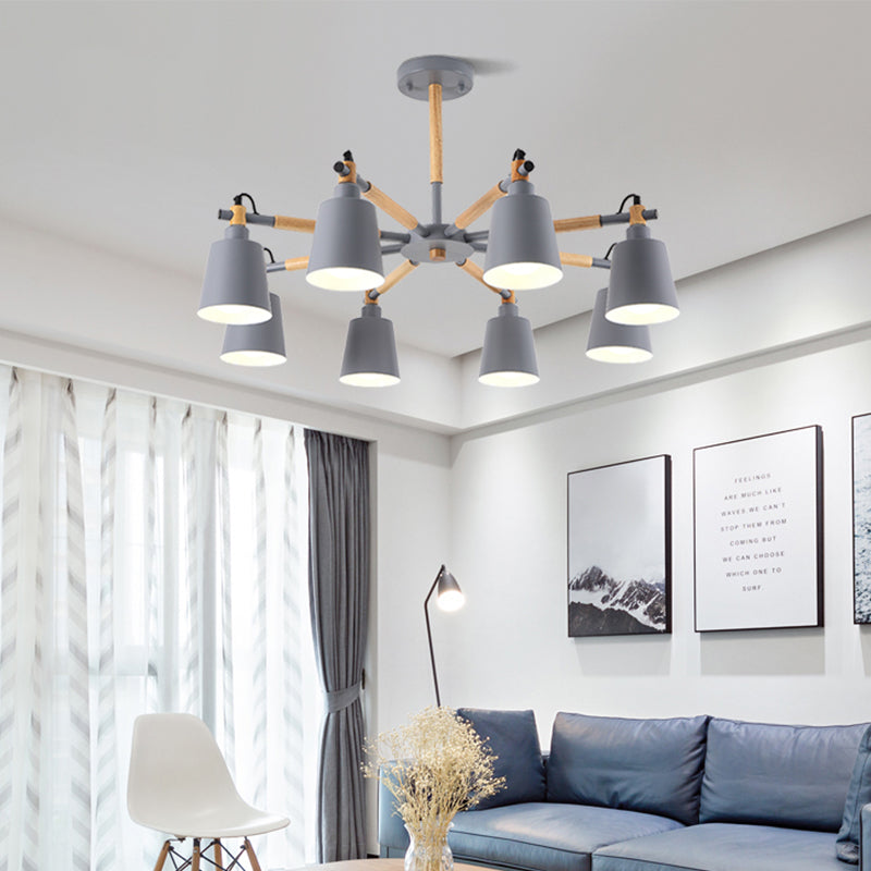 8 Bulbs Living Room Chandelier Macaron Wood Pendant Light with Tapered Metal Shade Clearhalo 'Ceiling Lights' 'Chandeliers' Lighting' options 2294316