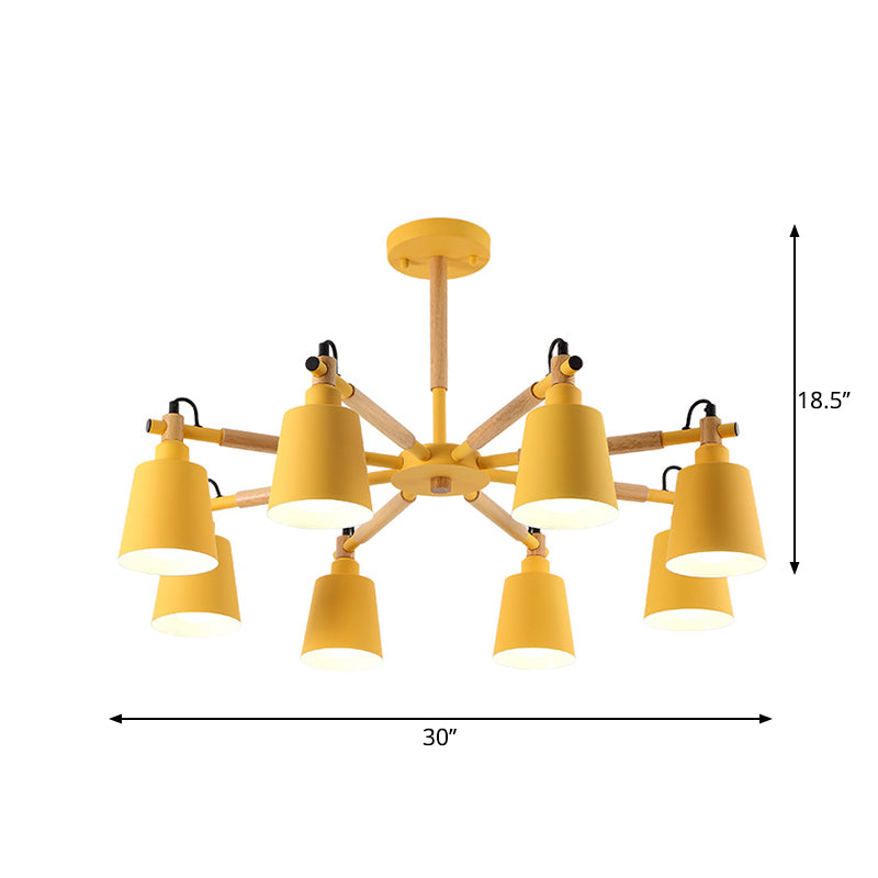 8 Bulbs Living Room Chandelier Macaron Wood Pendant Light with Tapered Metal Shade Yellow Clearhalo 'Ceiling Lights' 'Chandeliers' Lighting' options 2294317_94de8095-da04-41fa-8daf-1e18b230d2d3
