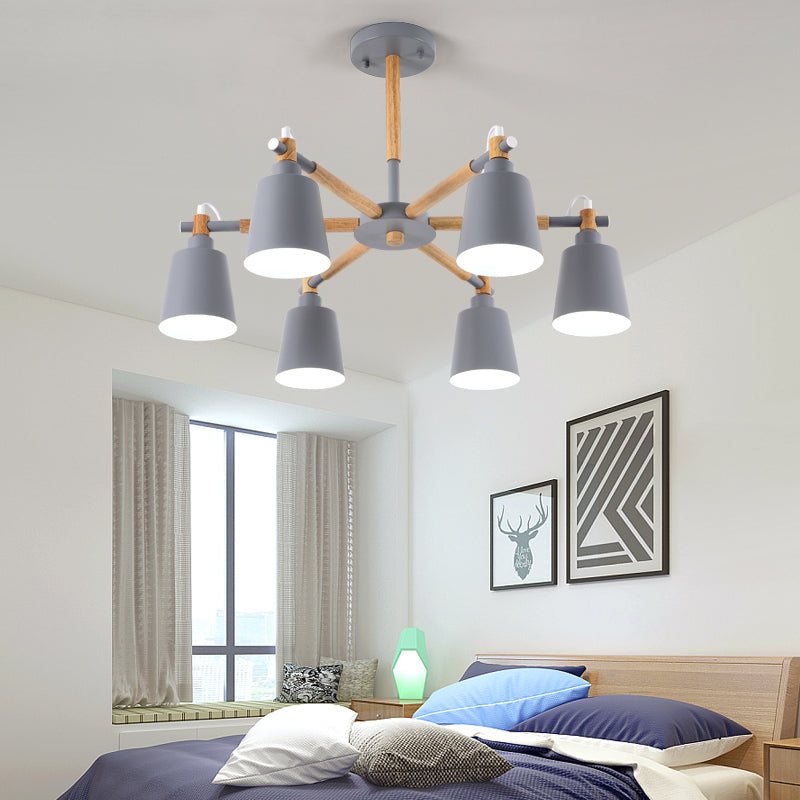 Wooden Radial Pendant Lighting Macaron Chandelier with Tapered Metal Shade for Living Room Clearhalo 'Ceiling Lights' 'Chandeliers' Lighting' options 2294320