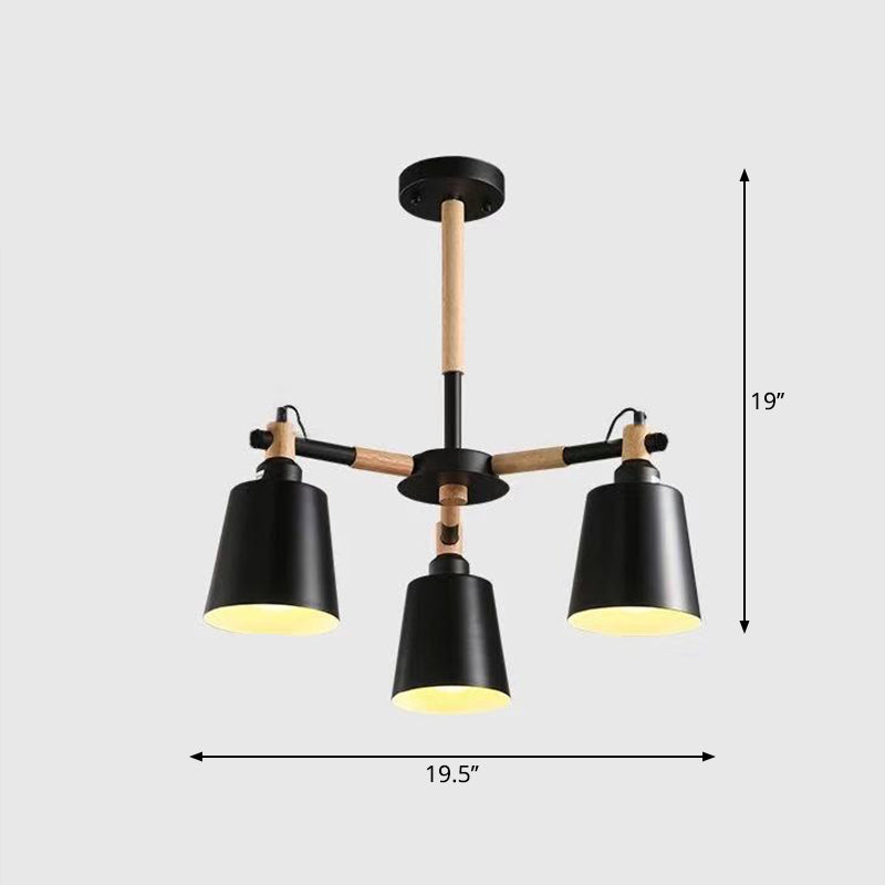Wooden Radial Pendant Lighting Macaron Chandelier with Tapered Metal Shade for Living Room 3 Black Clearhalo 'Ceiling Lights' 'Chandeliers' Lighting' options 2294321_d44eb91c-cf40-4e32-8c6c-e462c00ad05d