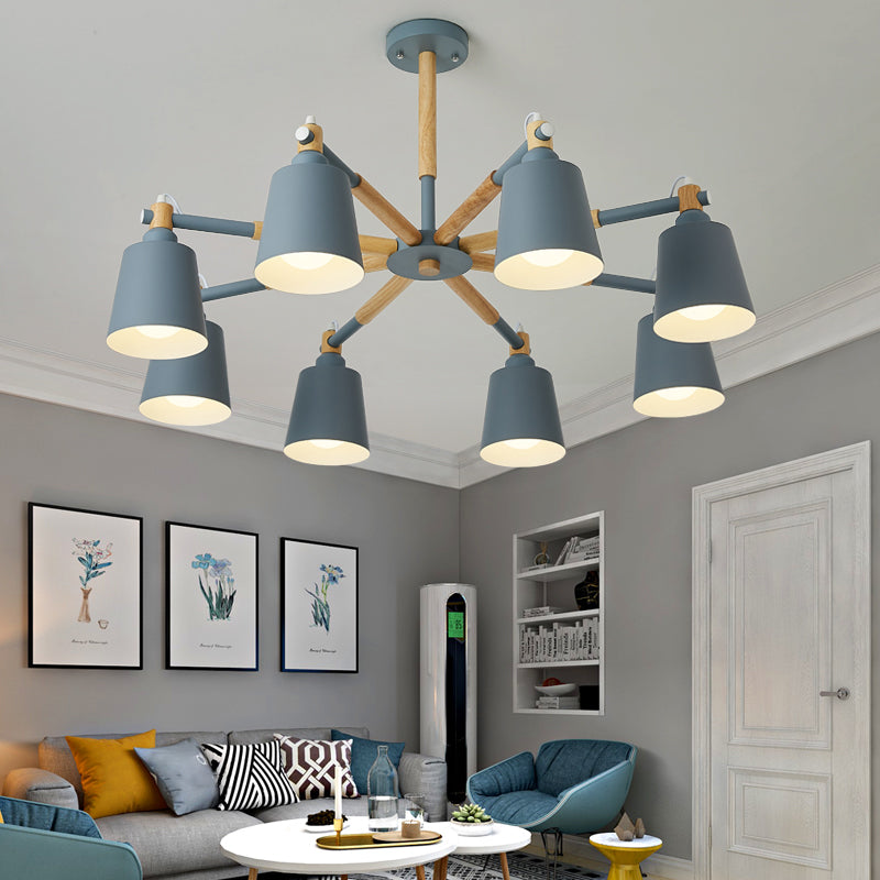 Wooden Radial Pendant Lighting Macaron Chandelier with Tapered Metal Shade for Living Room Clearhalo 'Ceiling Lights' 'Chandeliers' Lighting' options 2294323