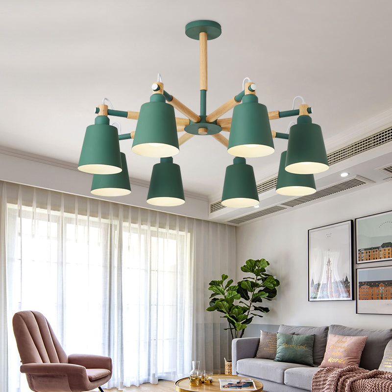 Wooden Radial Pendant Lighting Macaron Chandelier with Tapered Metal Shade for Living Room Clearhalo 'Ceiling Lights' 'Chandeliers' Lighting' options 2294324