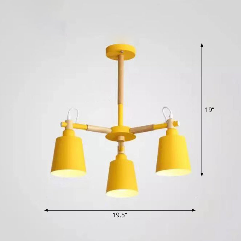 Wooden Radial Pendant Lighting Macaron Chandelier with Tapered Metal Shade for Living Room 3 Yellow Clearhalo 'Ceiling Lights' 'Chandeliers' Lighting' options 2294325_c52d525a-a5ba-494b-9ab6-241121b6a846