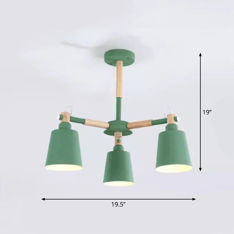 Wooden Radial Pendant Lighting Macaron Chandelier with Tapered Metal Shade for Living Room 3 Green Clearhalo 'Ceiling Lights' 'Chandeliers' Lighting' options 2294329_09d5cac2-74c6-4e65-a066-83fd3e9f28e4