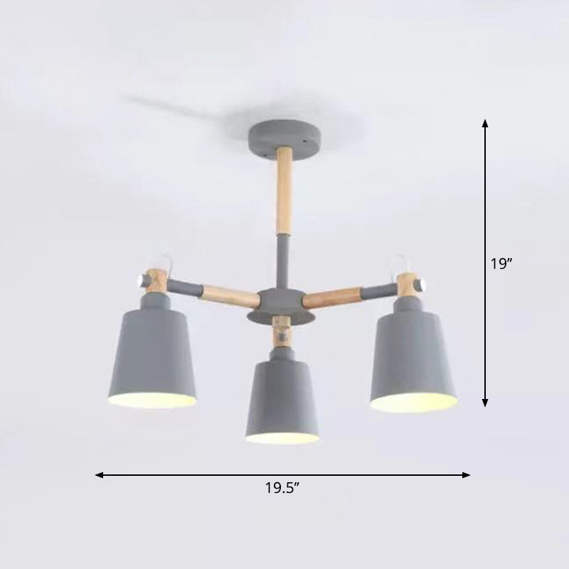 Wooden Radial Pendant Lighting Macaron Chandelier with Tapered Metal Shade for Living Room 3 Grey Clearhalo 'Ceiling Lights' 'Chandeliers' Lighting' options 2294330_e9ab9fb2-f623-4cf4-9343-5a794dad879b