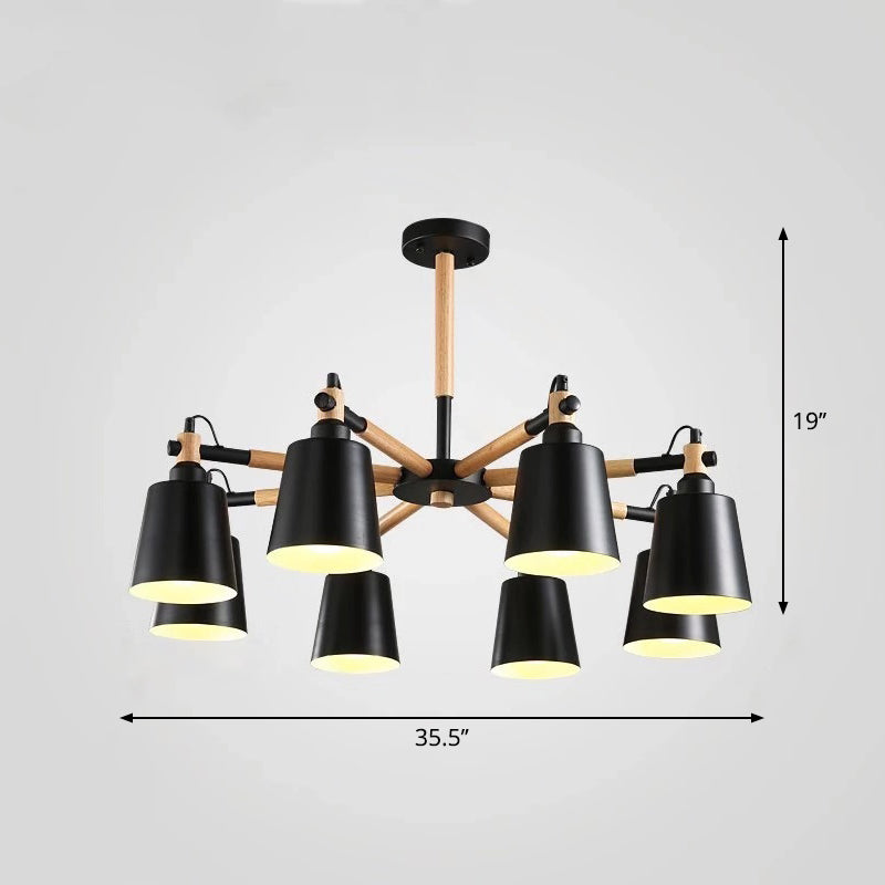 Wooden Radial Pendant Lighting Macaron Chandelier with Tapered Metal Shade for Living Room 8 Black Clearhalo 'Ceiling Lights' 'Chandeliers' Lighting' options 2294332_d1767700-420f-4a50-a98f-19cb3976a303