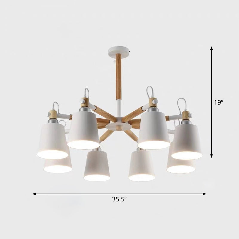 Wooden Radial Pendant Lighting Macaron Chandelier with Tapered Metal Shade for Living Room 8 White Clearhalo 'Ceiling Lights' 'Chandeliers' Lighting' options 2294333_da3fcab5-0780-488e-b02e-5f6f6c004968