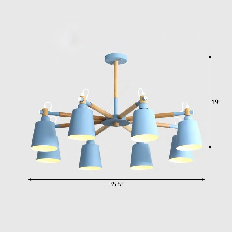 Wooden Radial Pendant Lighting Macaron Chandelier with Tapered Metal Shade for Living Room 8 Blue Clearhalo 'Ceiling Lights' 'Chandeliers' Lighting' options 2294334_2e7a4084-5d7c-4dbb-9f97-153b7ed581b6
