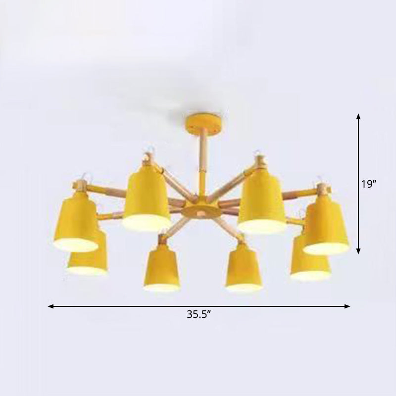 Wooden Radial Pendant Lighting Macaron Chandelier with Tapered Metal Shade for Living Room 8 Yellow Clearhalo 'Ceiling Lights' 'Chandeliers' Lighting' options 2294335_7d7f7f17-7591-4518-bad7-79ec596be2dd