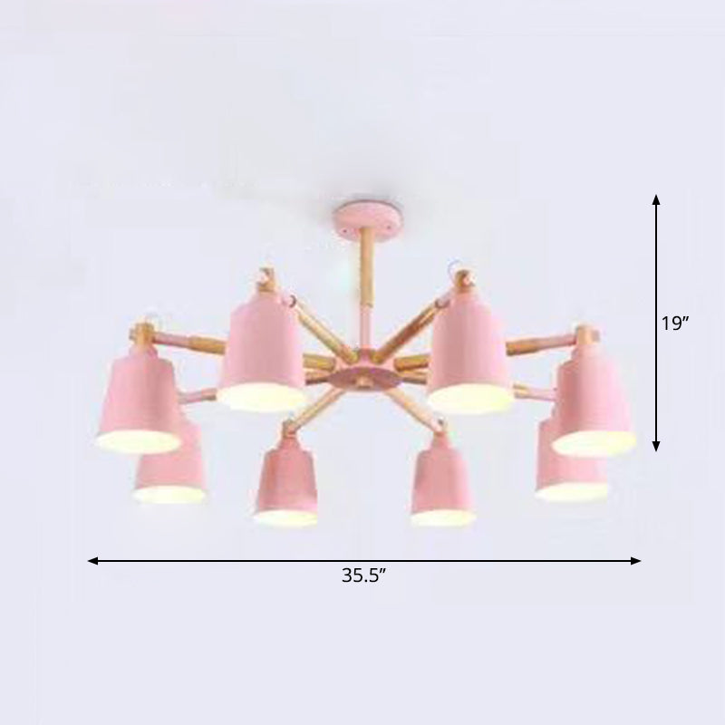 Wooden Radial Pendant Lighting Macaron Chandelier with Tapered Metal Shade for Living Room 8 Pink Clearhalo 'Ceiling Lights' 'Chandeliers' Lighting' options 2294336_d29508c4-5212-4f9d-a3f3-6b9fb9eddc4d