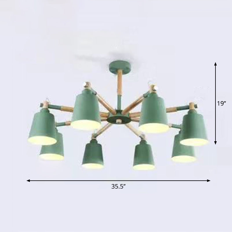 Wooden Radial Pendant Lighting Macaron Chandelier with Tapered Metal Shade for Living Room 8 Green Clearhalo 'Ceiling Lights' 'Chandeliers' Lighting' options 2294337_45c032ec-ffe5-48b6-accd-b96881453f91