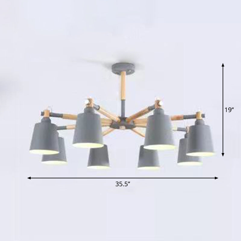 Wooden Radial Pendant Lighting Macaron Chandelier with Tapered Metal Shade for Living Room 8 Grey Clearhalo 'Ceiling Lights' 'Chandeliers' Lighting' options 2294338_eb775ae7-cb4c-4467-96e2-87eaf675bf99
