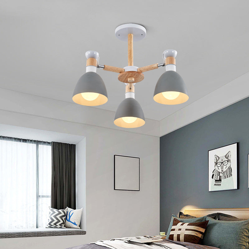 Macaron Style Bell Chandelier Lighting Metal Bedroom Hanging Light with Wooden Rod Clearhalo 'Ceiling Lights' 'Chandeliers' Lighting' options 2294339