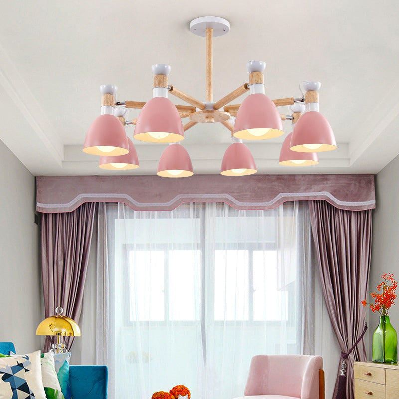 Macaron Style Bell Chandelier Lighting Metal Bedroom Hanging Light with Wooden Rod Clearhalo 'Ceiling Lights' 'Chandeliers' Lighting' options 2294342