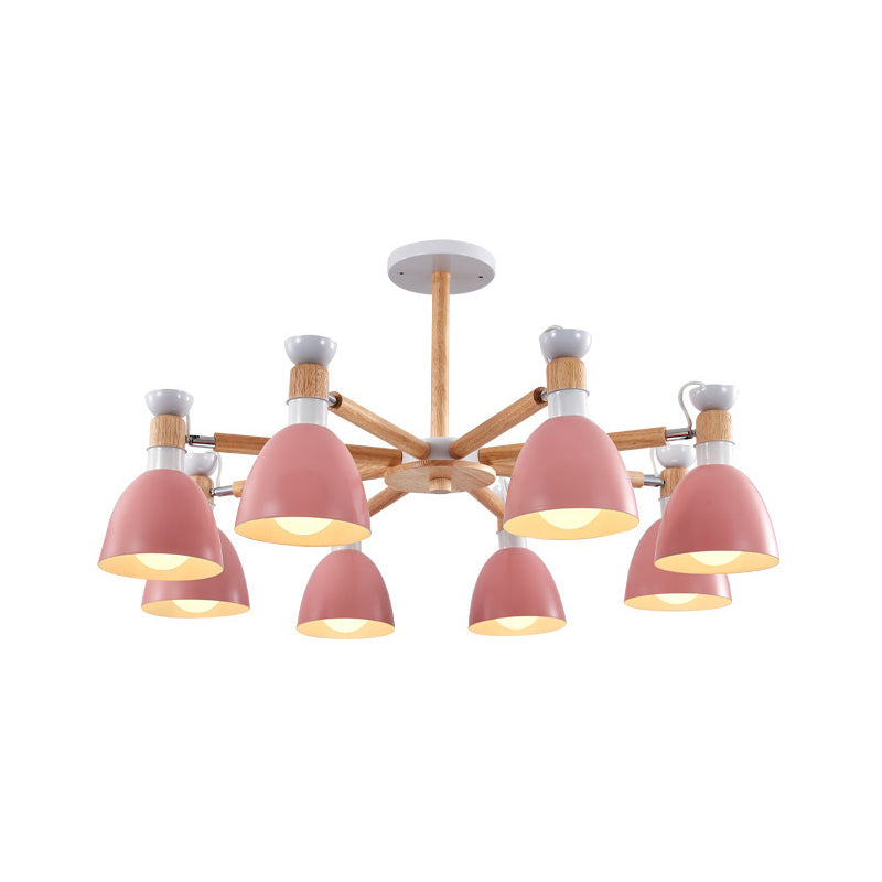 Macaron Style Bell Chandelier Lighting Metal Bedroom Hanging Light with Wooden Rod Clearhalo 'Ceiling Lights' 'Chandeliers' Lighting' options 2294343