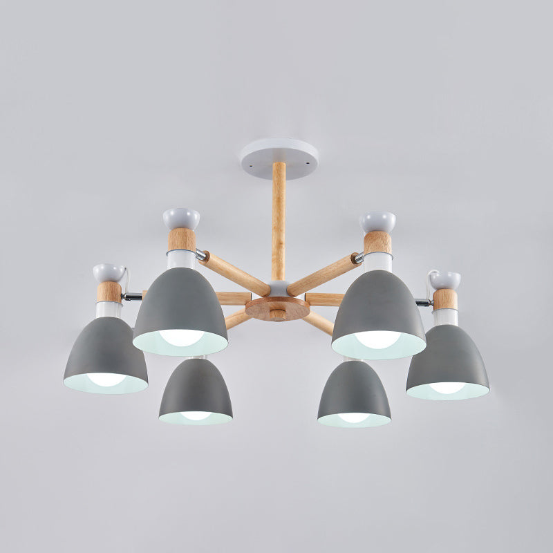 Macaron Style Bell Chandelier Lighting Metal Bedroom Hanging Light with Wooden Rod Clearhalo 'Ceiling Lights' 'Chandeliers' Lighting' options 2294344
