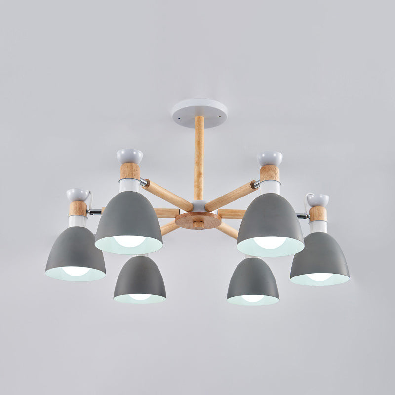 Macaron Style Bell Chandelier Lighting Metal Bedroom Hanging Light with Wooden Rod 6 Grey Clearhalo 'Ceiling Lights' 'Chandeliers' Lighting' options 2294344_c32306ee-1848-4eb2-b3ee-57d627524acd