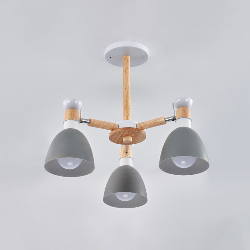 Macaron Style Bell Chandelier Lighting Metal Bedroom Hanging Light with Wooden Rod 3 Grey Clearhalo 'Ceiling Lights' 'Chandeliers' Lighting' options 2294345_7a14c4dc-c660-4ff0-baab-d732fac9d25b