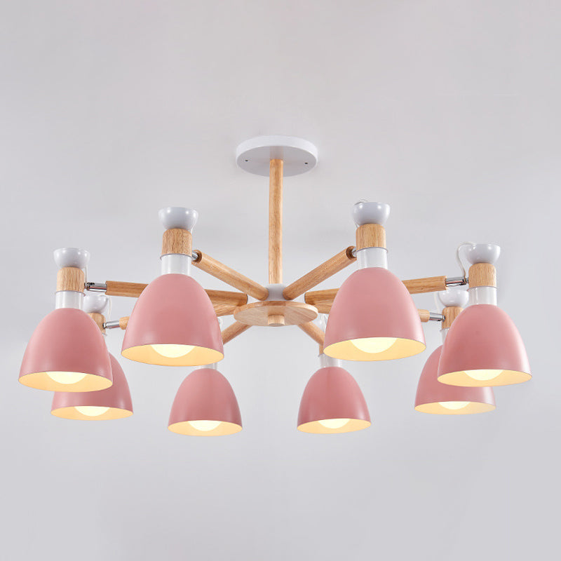Macaron Style Bell Chandelier Lighting Metal Bedroom Hanging Light with Wooden Rod 8 Pink Clearhalo 'Ceiling Lights' 'Chandeliers' Lighting' options 2294349_1a28a756-0583-42fe-b011-42f0354bc0b2