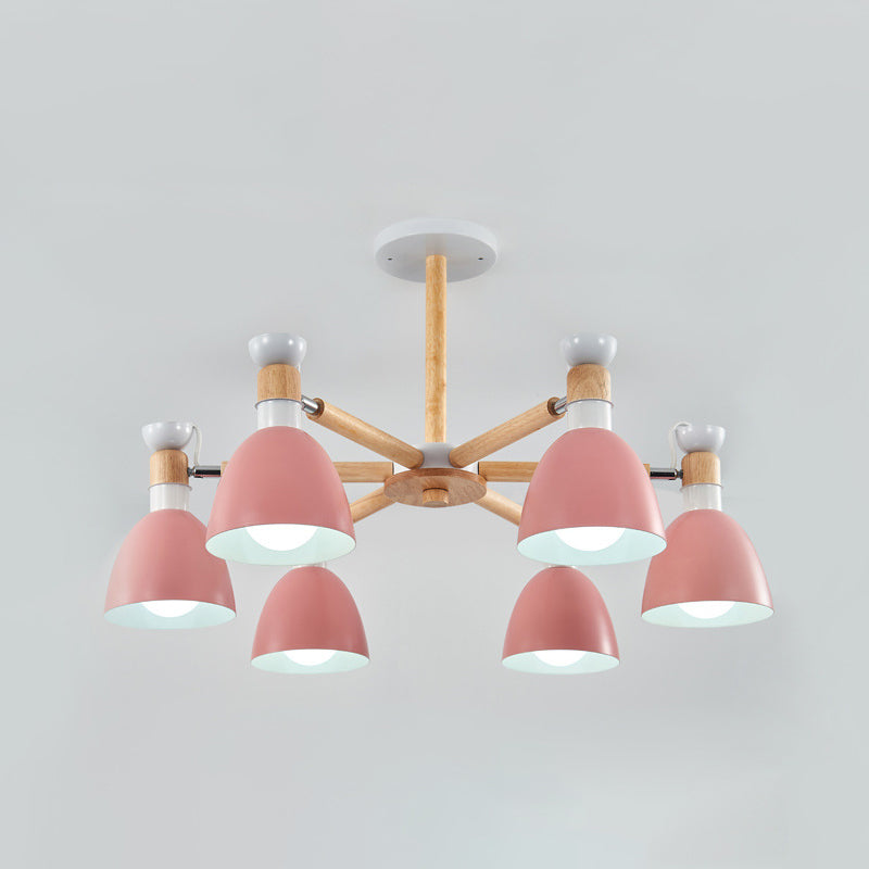 Macaron Style Bell Chandelier Lighting Metal Bedroom Hanging Light with Wooden Rod 6 Pink Clearhalo 'Ceiling Lights' 'Chandeliers' Lighting' options 2294350_95506cfa-f02b-4f2f-95f9-60f19a5ede51