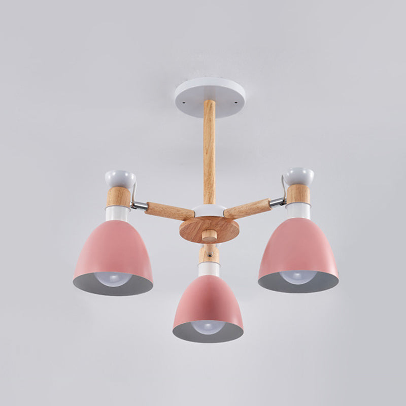 Macaron Style Bell Chandelier Lighting Metal Bedroom Hanging Light with Wooden Rod 3 Pink Clearhalo 'Ceiling Lights' 'Chandeliers' Lighting' options 2294351_14b09467-4990-4c47-aa7e-55380a454af8