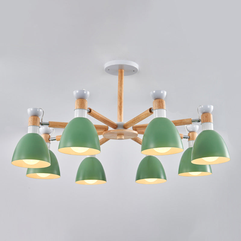 Macaron Style Bell Chandelier Lighting Metal Bedroom Hanging Light with Wooden Rod Clearhalo 'Ceiling Lights' 'Chandeliers' Lighting' options 2294352