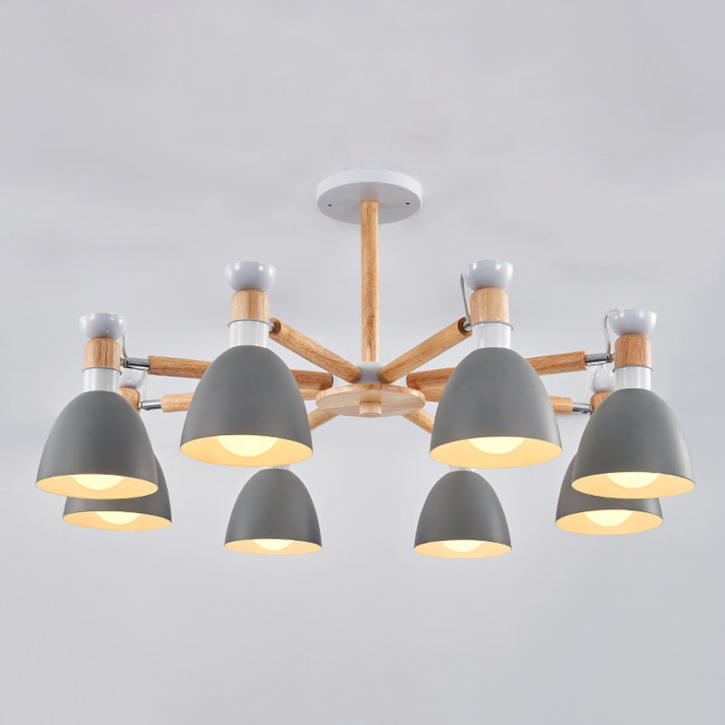 Macaron Style Bell Chandelier Lighting Metal Bedroom Hanging Light with Wooden Rod Clearhalo 'Ceiling Lights' 'Chandeliers' Lighting' options 2294353