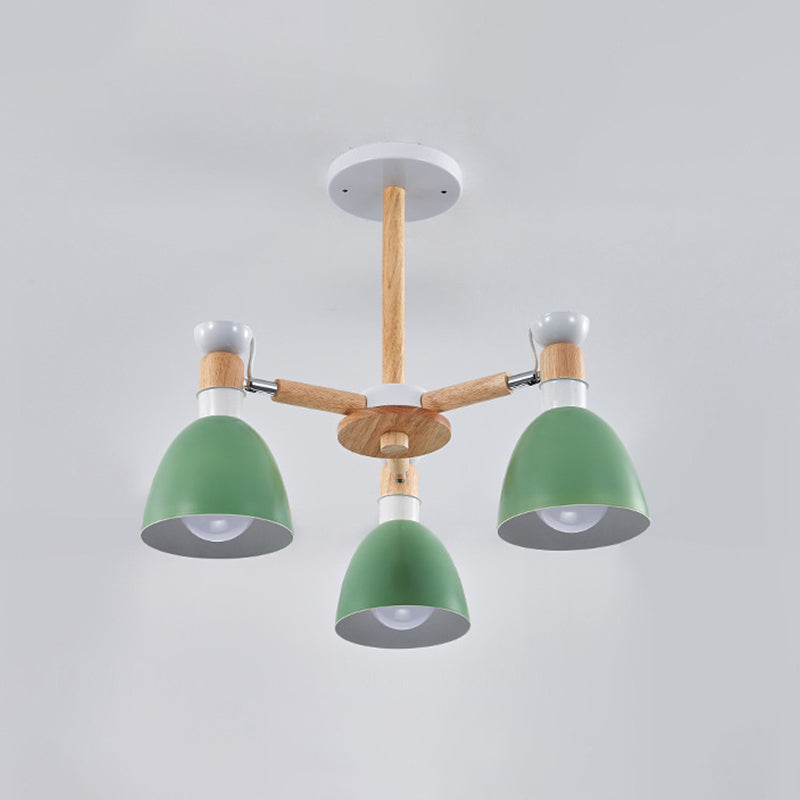 Macaron Style Bell Chandelier Lighting Metal Bedroom Hanging Light with Wooden Rod 3 Green Clearhalo 'Ceiling Lights' 'Chandeliers' Lighting' options 2294354_916cc676-83fd-4965-9001-81a78295840d