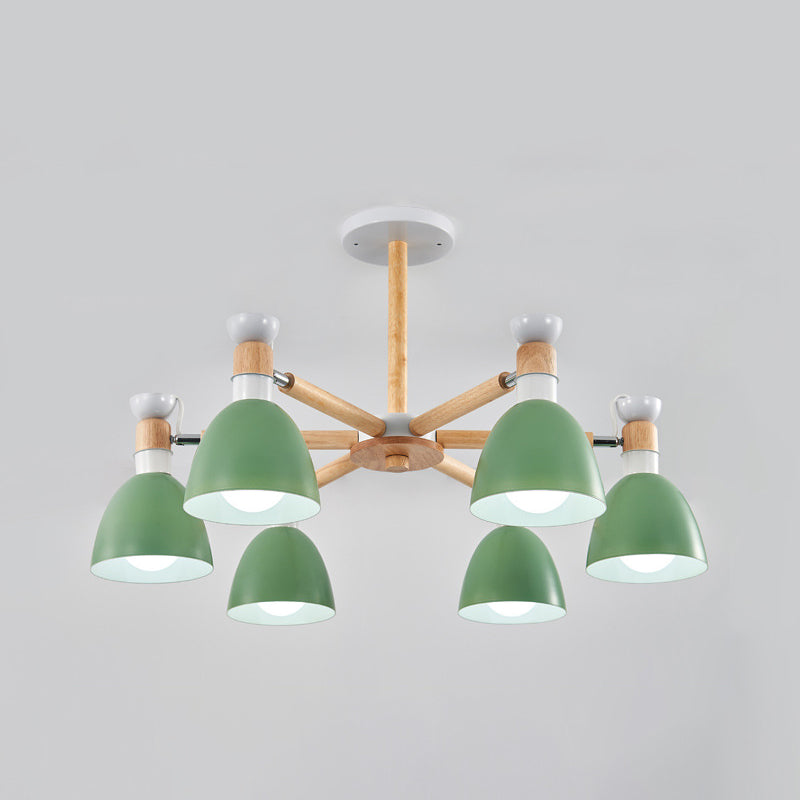 Macaron Style Bell Chandelier Lighting Metal Bedroom Hanging Light with Wooden Rod 6 Green Clearhalo 'Ceiling Lights' 'Chandeliers' Lighting' options 2294355_887609c0-9454-4187-9535-f66a1cf1e0f6