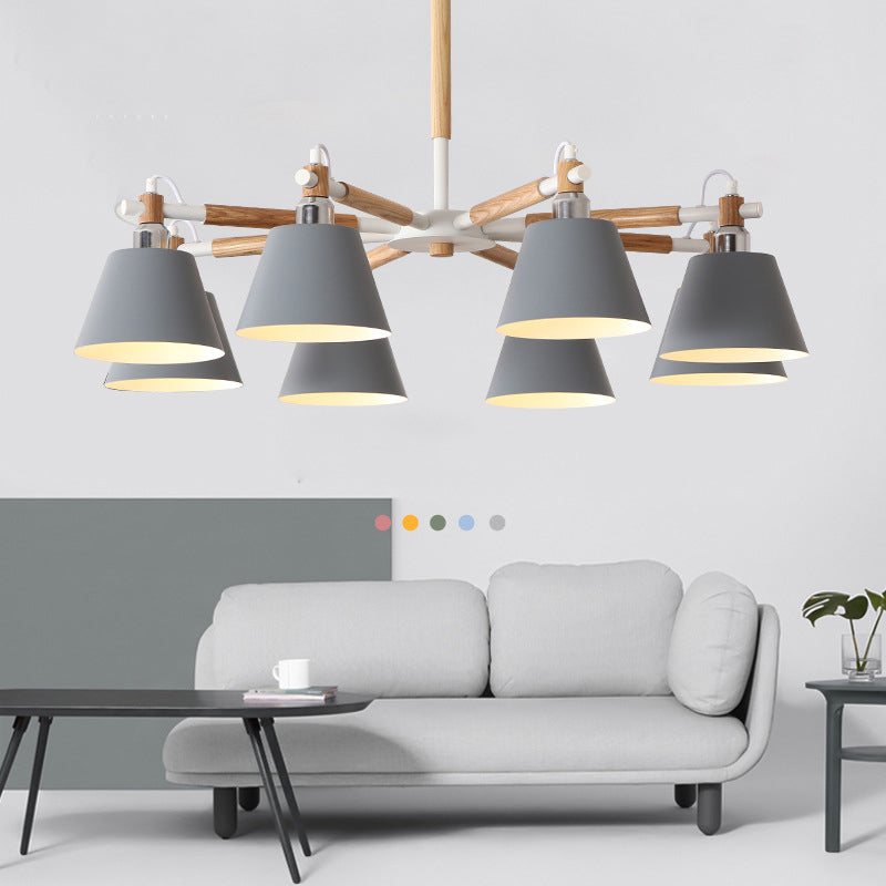 Conical Metal Pendant Lamp Macaron Wood Ceiling Chandelier Light for Living Room Clearhalo 'Ceiling Lights' 'Chandeliers' Lighting' options 2294356