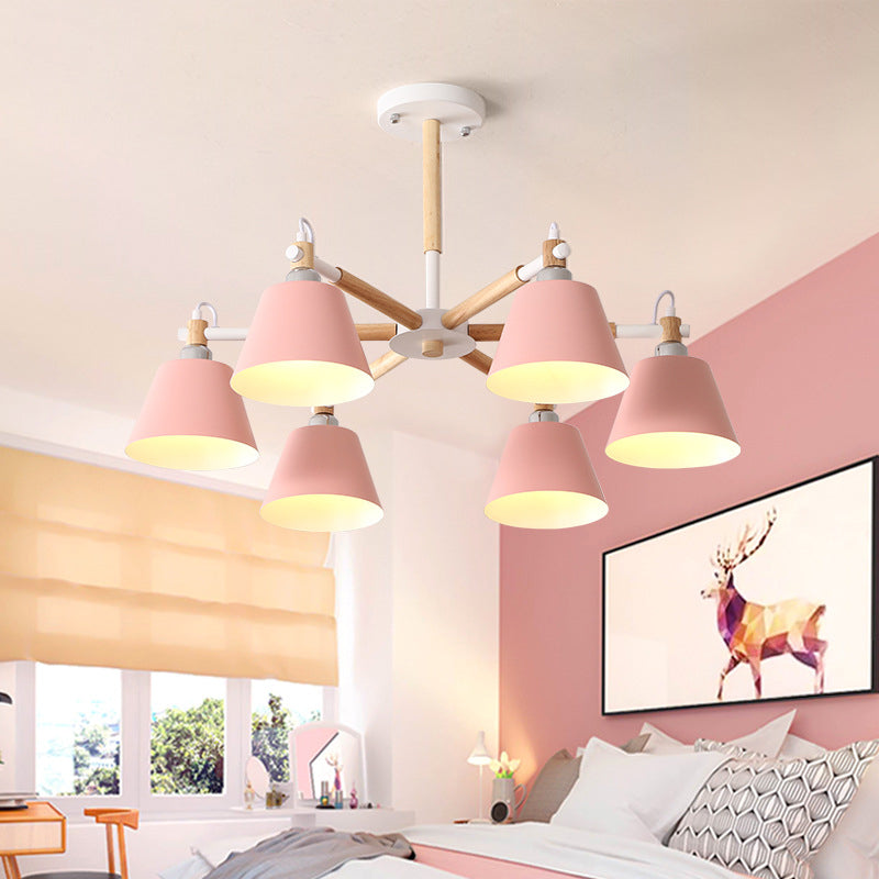 Conical Metal Pendant Lamp Macaron Wood Ceiling Chandelier Light for Living Room Pink Clearhalo 'Ceiling Lights' 'Chandeliers' Lighting' options 2294357_6f494498-0a16-4d2c-a820-b1e4fcf5b3ff
