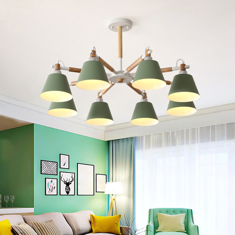Conical Metal Pendant Lamp Macaron Wood Ceiling Chandelier Light for Living Room Clearhalo 'Ceiling Lights' 'Chandeliers' Lighting' options 2294358