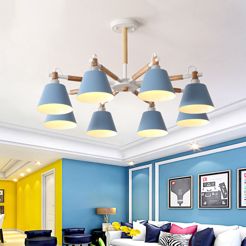 Conical Metal Pendant Lamp Macaron Wood Ceiling Chandelier Light for Living Room Clearhalo 'Ceiling Lights' 'Chandeliers' Lighting' options 2294359