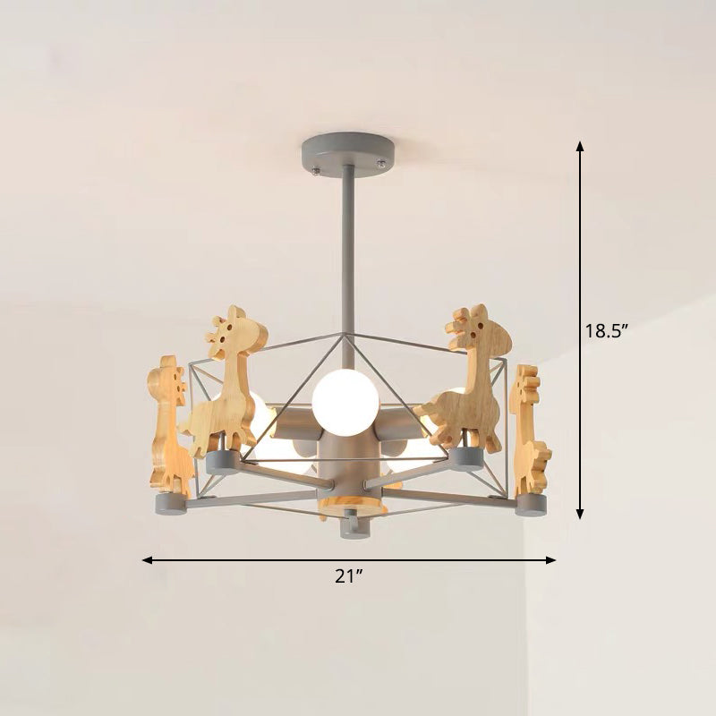 Macaron Cage Ceiling Pendant Light Metal 4-Head Bedroom Chandelier with Wooden Giraffe Deco Grey Clearhalo 'Ceiling Lights' 'Chandeliers' Lighting' options 2294400_6e6746c0-f32f-41c1-a7c4-29415ec63d2e