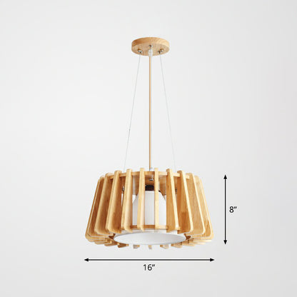 Wooden Drum Suspension Lamp Contemporary 1-Light Pendant Light Fixture with Inner Conical Fabric Shade Wood Clearhalo 'Ceiling Lights' 'Modern Pendants' 'Modern' 'Pendant Lights' 'Pendants' Lighting' 2294424