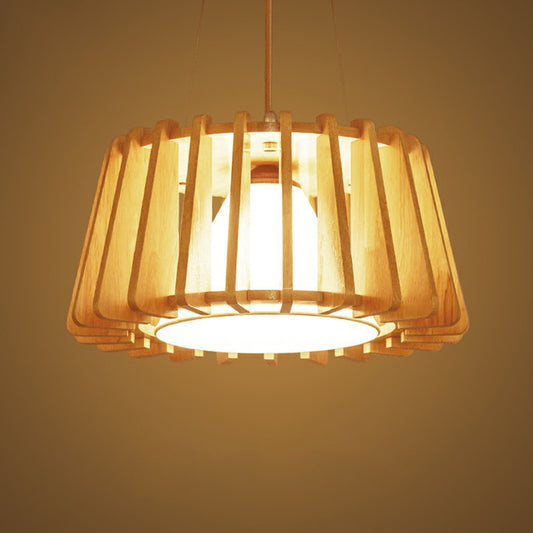 Wooden Drum Suspension Lamp Contemporary 1-Light Pendant Light Fixture with Inner Conical Fabric Shade Clearhalo 'Ceiling Lights' 'Modern Pendants' 'Modern' 'Pendant Lights' 'Pendants' Lighting' 2294425