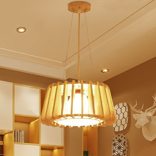 Wooden Drum Suspension Lamp Contemporary 1-Light Pendant Light Fixture with Inner Conical Fabric Shade Clearhalo 'Ceiling Lights' 'Modern Pendants' 'Modern' 'Pendant Lights' 'Pendants' Lighting' 2294427
