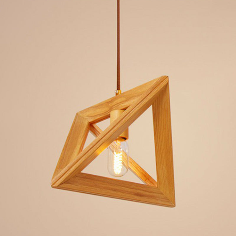 1-Head Dining Room Ceiling Hang Light Modern Beige Pendant Lamp with Triangular Wooden Frame Clearhalo 'Ceiling Lights' 'Modern Pendants' 'Modern' 'Pendant Lights' 'Pendants' Lighting' 2294433