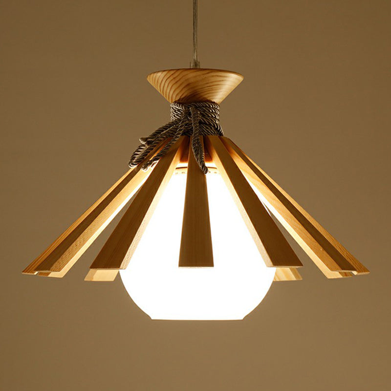 Conical Wood Slat Pendant Light Kit Modern 1-Light Down Lighting with Dome White Glass Shade Clearhalo 'Ceiling Lights' 'Modern Pendants' 'Modern' 'Pendant Lights' 'Pendants' Lighting' 2294435