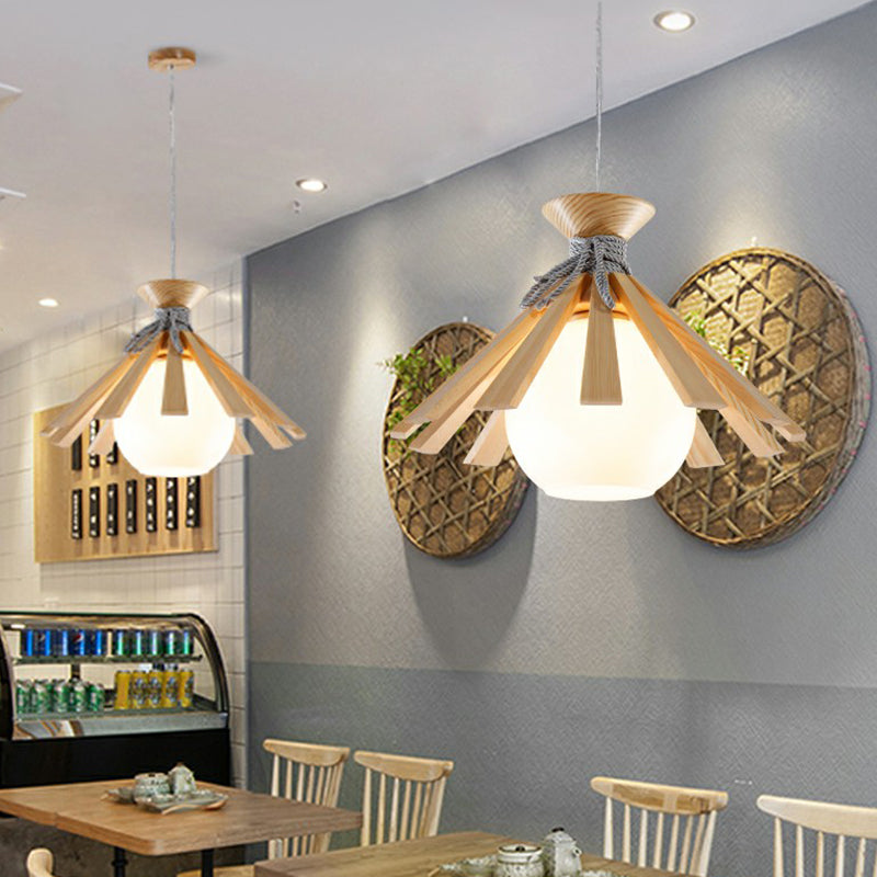 Conical Wood Slat Pendant Light Kit Modern 1-Light Down Lighting with Dome White Glass Shade Clearhalo 'Ceiling Lights' 'Modern Pendants' 'Modern' 'Pendant Lights' 'Pendants' Lighting' 2294436