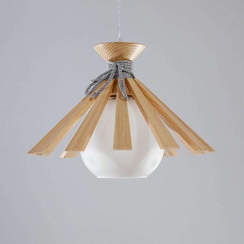 Conical Wood Slat Pendant Light Kit Modern 1-Light Down Lighting with Dome White Glass Shade Clearhalo 'Ceiling Lights' 'Modern Pendants' 'Modern' 'Pendant Lights' 'Pendants' Lighting' 2294438
