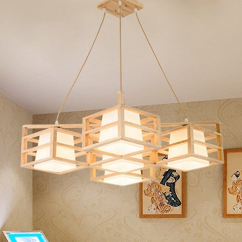Symmetric Cage Style Hanging Lighting Nordic Wooden 5-Head Beige Multi Pendant Chandelier with Opal Glass Shade Wood Clearhalo 'Ceiling Lights' 'Modern Pendants' 'Modern' 'Pendant Lights' 'Pendants' Lighting' 2294444