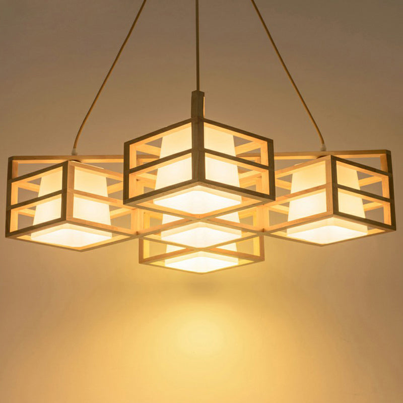 Symmetric Cage Style Hanging Lighting Nordic Wooden 5-Head Beige Multi Pendant Chandelier with Opal Glass Shade Clearhalo 'Ceiling Lights' 'Modern Pendants' 'Modern' 'Pendant Lights' 'Pendants' Lighting' 2294445