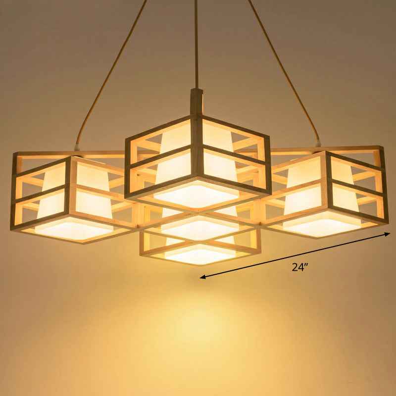 Symmetric Cage Style Hanging Lighting Nordic Wooden 5-Head Beige Multi Pendant Chandelier with Opal Glass Shade Clearhalo 'Ceiling Lights' 'Modern Pendants' 'Modern' 'Pendant Lights' 'Pendants' Lighting' 2294446