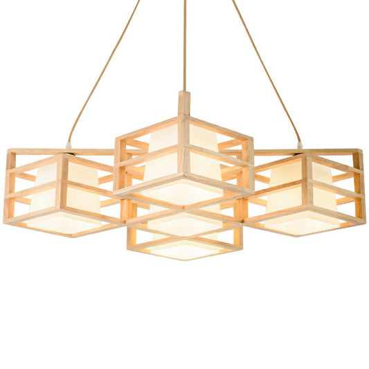 Symmetric Cage Style Hanging Lighting Nordic Wooden 5-Head Beige Multi Pendant Chandelier with Opal Glass Shade Clearhalo 'Ceiling Lights' 'Modern Pendants' 'Modern' 'Pendant Lights' 'Pendants' Lighting' 2294447