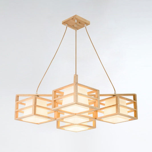 Symmetric Cage Style Hanging Lighting Nordic Wooden 5-Head Beige Multi Pendant Chandelier with Opal Glass Shade Clearhalo 'Ceiling Lights' 'Modern Pendants' 'Modern' 'Pendant Lights' 'Pendants' Lighting' 2294448