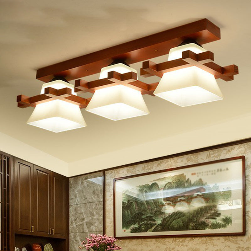 Pagoda Shaped Flush Ceiling Light Nordic Frosted White Glass Coffee Semi Mount Lighting with Wooden Frame Clearhalo 'Ceiling Lights' 'Close To Ceiling Lights' 'Close to ceiling' 'Semi-flushmount' Lighting' 2294470